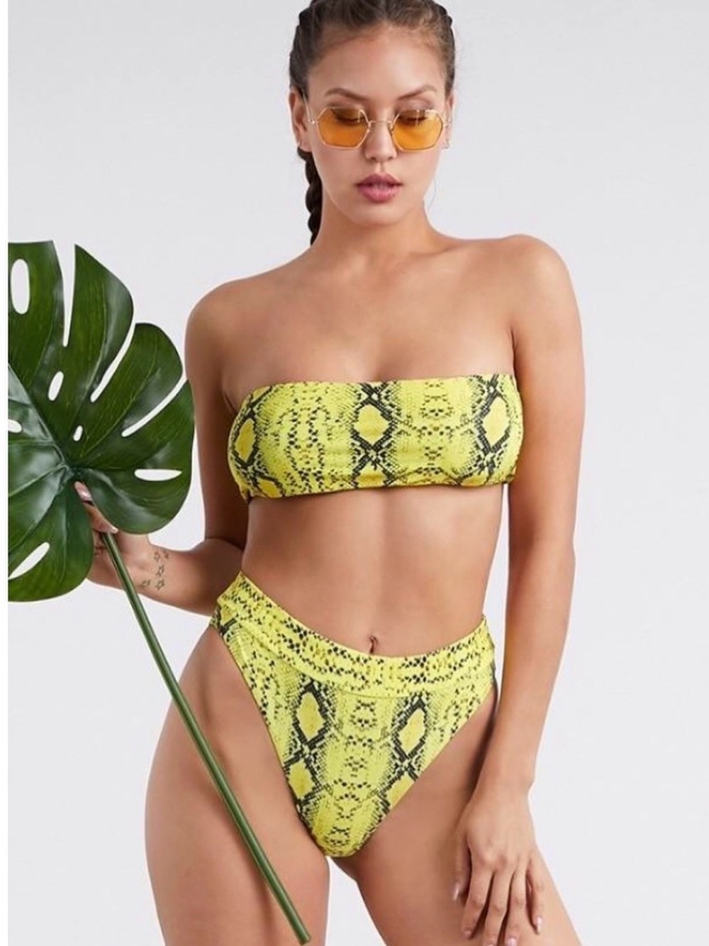 Yellow Snake-Print Bandeau Bikini Set